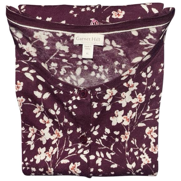 GARNET HILL Signature Eco Merino Wool Cardigan Sweater Size XL Floral Red White - Picture 16 of 16